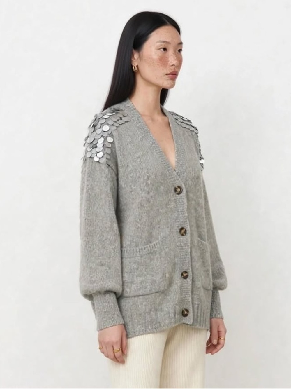 Eleven Six Cora Sequined Shoulder Cardigan front pocket Alpaca M/L.